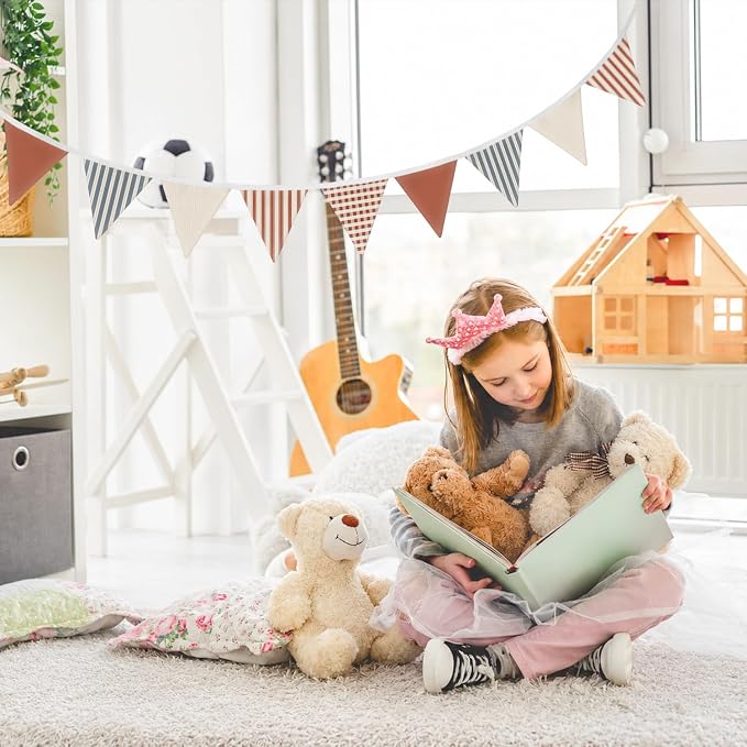 Boys Toddler Room Playroom Nursery Decor, Garland Triangle Banners, 11Ft Vintage Warm Neutral Plaid Design Pennant Banner Bunting Flags Fabric for Baby Shower Birthday Party Wall Art