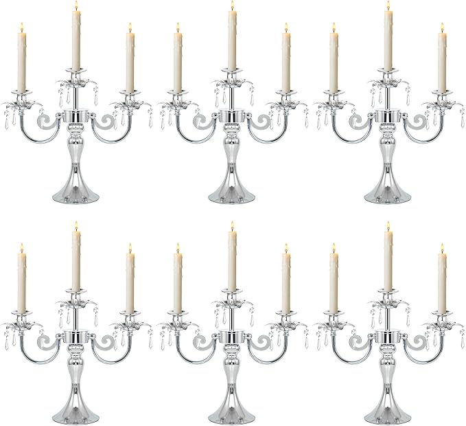 Metal 3 Arm Taper Candlestick Stand with Crystal Pendants - 11.8 Inch Tall Candle Holders, Elegant Centerpieces Candelabra for Wedding, Dining Table, Christmas Party (6Pcs, Silver)