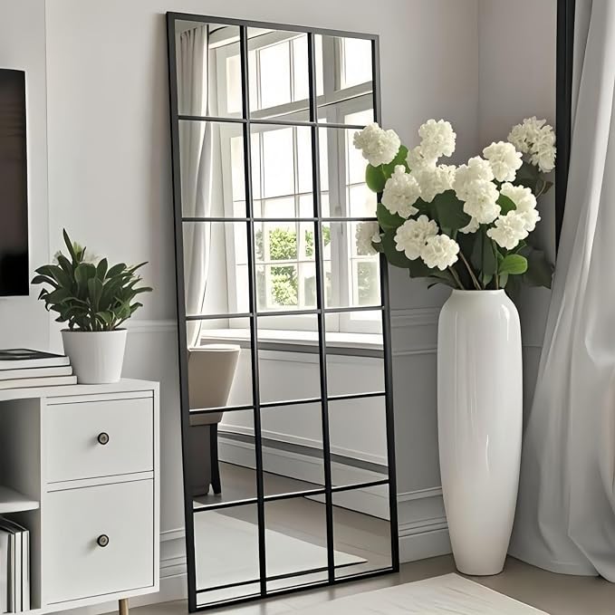 Dewfig 65"x 24" Window pane Full Length Mirror, Wall Mirror, Floor Standing Mirrors, Farmhouse Long Full Body Mirrors Wall Mounted for Living Room, Bedroom, Entryway, Fireplace, Black