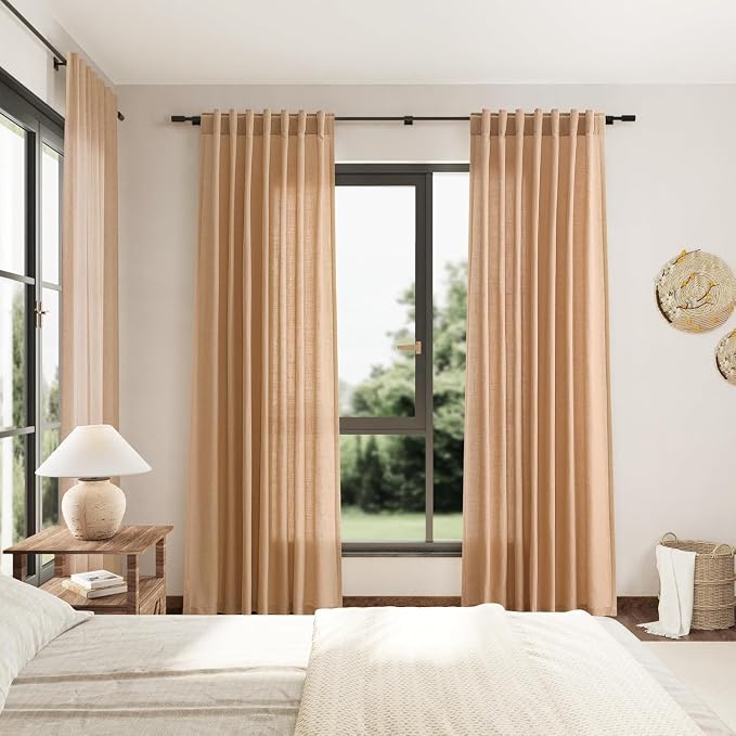 Nanspring Camel Linen Curtains for Living Room 98 Inches Long Back Tab and Rod Pocket Light Filtering Semi Sheer Vintage Rustic Curtain Luxury Boho Decor Drapes for Bedroom Office 52x98, 2 Panels