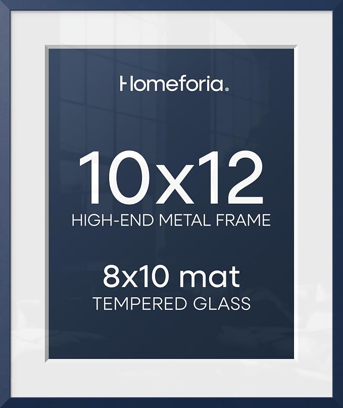 Homeforia 10x12 Picture Frame Navy Blue, High End Metal 10x12 Wall Hanging Frame with Mat 8x10, 10 x 12 Poster Frame Matted to 8 x 10 inch Photo, 10by12 Thin Frames, Tempered Glass, Wall Kit, Set of 1