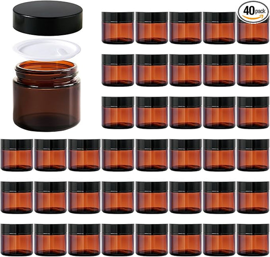 11 Hoa Kinh 2oz Jars with Lids 40 Pack Amber Glass Jars with Lids Empty Cosmetic Containers Round Airtight Glass Jar with Black Lid for Storing Lotions Powders Ointments