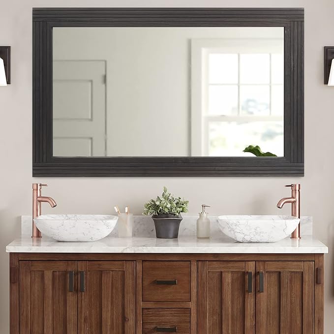 YOSHOOT Hand-Made Wooden Spliced Wall Mirror for Bathroom, Rustic Farmhouse Vanity Mirror, Décor Wall Art, Solid Wood Frame, Vertical or Horizontal Hanging