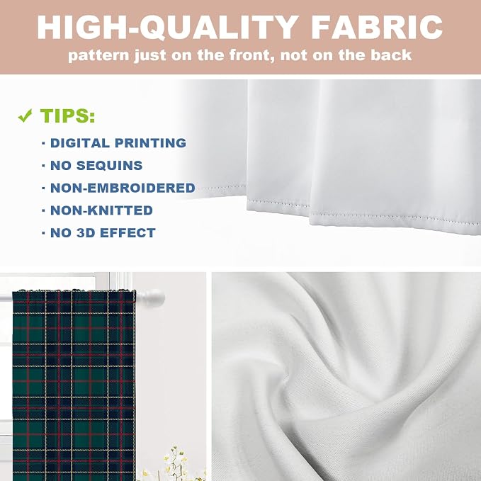 Shrahala Tartan Plaid Tier Curtains for Kitchen Windows, Green Scottish Fabric Kilt Twill Woven Cafe Curtain Multilayer Polyester Blackout Half Valances for Windows 2 Pack 36 X 26 in