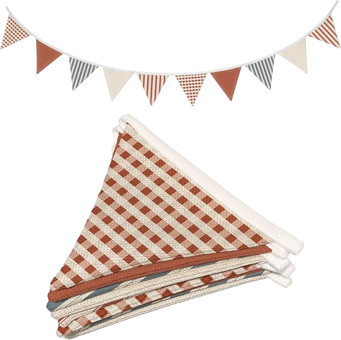 Boys Toddler Room Playroom Nursery Decor, Garland Triangle Banners, 11Ft Vintage Warm Neutral Plaid Design Pennant Banner Bunting Flags Fabric for Baby Shower Birthday Party Wall Art