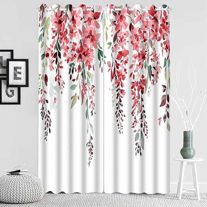 Red Watercolor Floral Curtains 84 inches Long, Botanical Leaves Vine Flowers Rustic Farmhouse Curtains, Blackout Window Treatment Drapes for Bedroom Living Room 42x84inch, 2 Panels