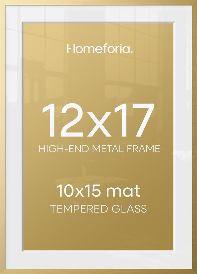 Homeforia 12x17 Picture Frame Gold, High End Metal 12x17 Poster Frames with Mat 10x15 Photo, 12 x 17 Gold Frame Matted to 10 by 15 Print, 17by12 Thin Hanging Frames, Tempered Glass, Wall Kit, Set of 1