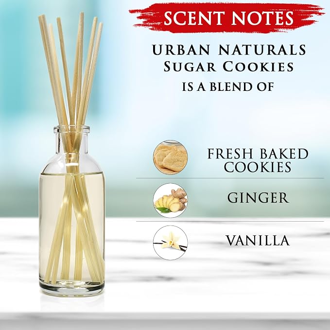 Urban Naturals Reed Diffuser Set, Sugar Cookies - Bathroom Shelf Décor | Freshly-Baked, Buttery Cookie with Ginger Vanilla Frosting, Great Kitchen Scent, Made in the USA
