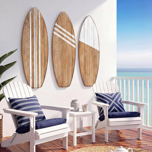 Yookeer 3 Pcs Surfboard Wall Decor,36" x 12" Large Wooden Coastal Beach Wall Decor Set, Aesthetic Cute Beachy Tropical Surf Board Art for Room Bedroom Decoration(Wood,Classic)