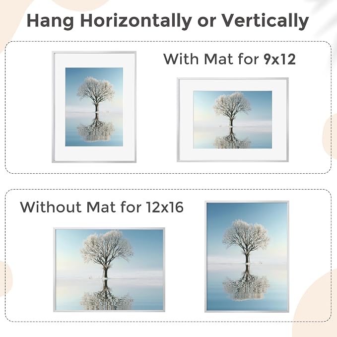 FLYJOE 12x16 Metal Picture Frame for Wall With Mat for 9x12, 12''x16'' Aluminum Certificate Document Frames With Plexiglass, Minimalist Modern Poster Frame Horizontally And Vertically, Silver