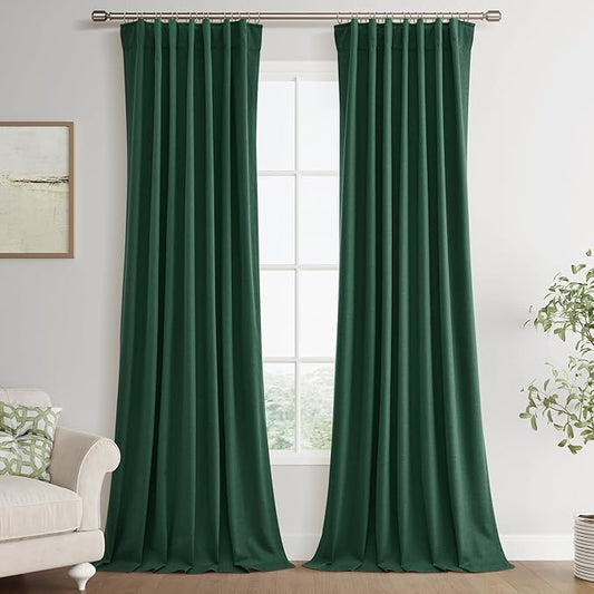 Joywell 100% Blackout Linen Curtains 84 Inch Long for Bedroom Black Out Curtain Back Tab Hook Belt 2 Panels Set Thermal Insulated Drapes for Living Room with Hooks 52 x 84,Dark Green