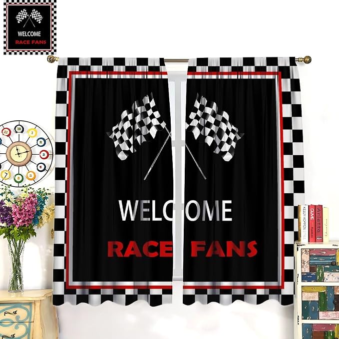 Racing Theme Blackout Curtain,Checkered Flag Black White Race Car Window Curtains Cloth Farbic for Kitchen Bedroom Cafe Dining Room Office Living Room Drapes, 63x72 in