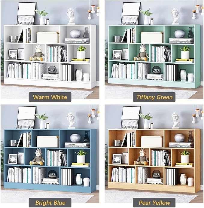 IOTXY Open Shelf Low Bookcase - Wooden 3-Tier Cube Bookshelf, Pear Yellow | MDF Material, Stable Raised Base, 10 Storage Cubby Display, Horizontal Short Shelf Unit, Scandinavian Minimalist Organizer
