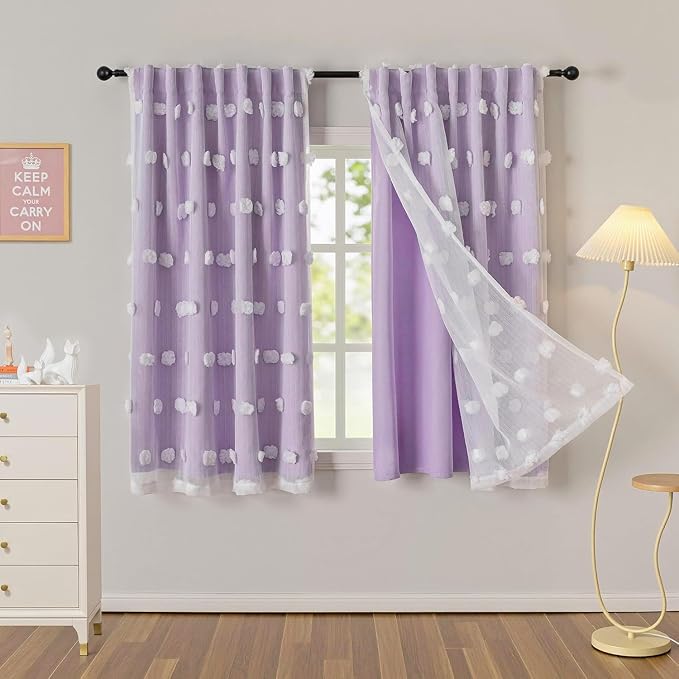 MYSKY HOME Lilac Curtains for Girls Bedroom Nursery Curtain with White Pom Pom Sheer Window Drapes Back Tab Room Darkening Double Layer 63 Inches Length 2 Panels, Light Purple, W52 X L63