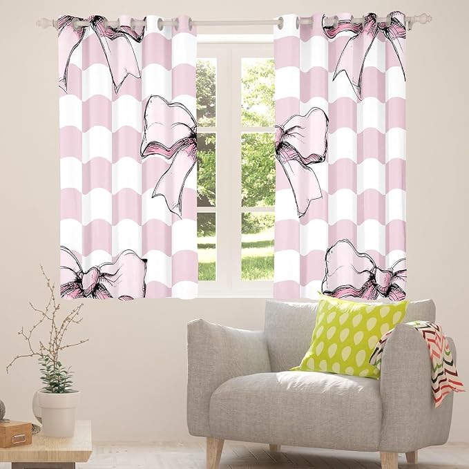 Erosebridal Cute Bowknot Window Treatments Pink Watercolor Bow Window Curtain 52" Wx84 L for Kids Girls Teen,Princess Ribbon Bow Curtain Dreamy Girly Bowknot Plaid Curtains & Drapes