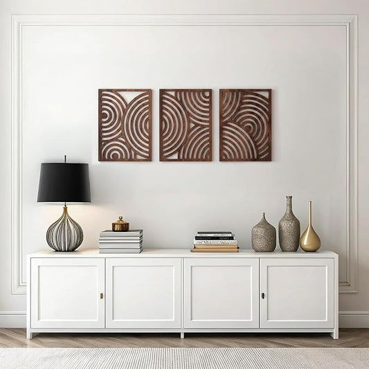 qmmp Modern Wooden Wall Sculptures - Set of 3 - Home Decor Accent - Large Wall Art for Living Room, Bedroom, Office - Easy Installation (Walnut, Large - Orbit)