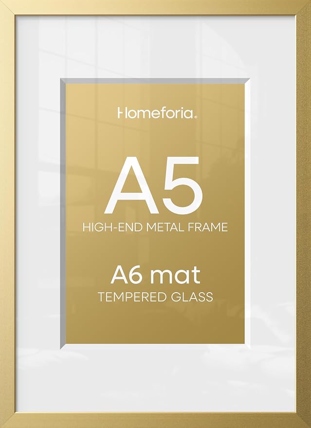 Homeforia A5 Picture Frame Gold, High End Metal 5.8 x 8.3 Frames Matted to 4.1 by 5.8 inch Photo, A5 Frame with Mat A6, 5.8x8.3 Poster Frames, 8.3x5.8 Display Frame, Tempered Glass, Wall Kit, Set of 3