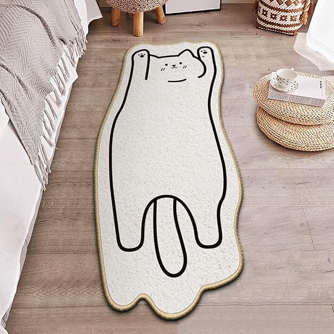 Cat Rugs, 1.3' X 3.9' Small Cute Irregular Shaped Rug for Bedroom Bathroom Room, Funny Cartoon Pet Area Carpet Kid Rugs, Cat Decor Dog Shaped Pet and Children Entryway Runner Rug (B White Cat)