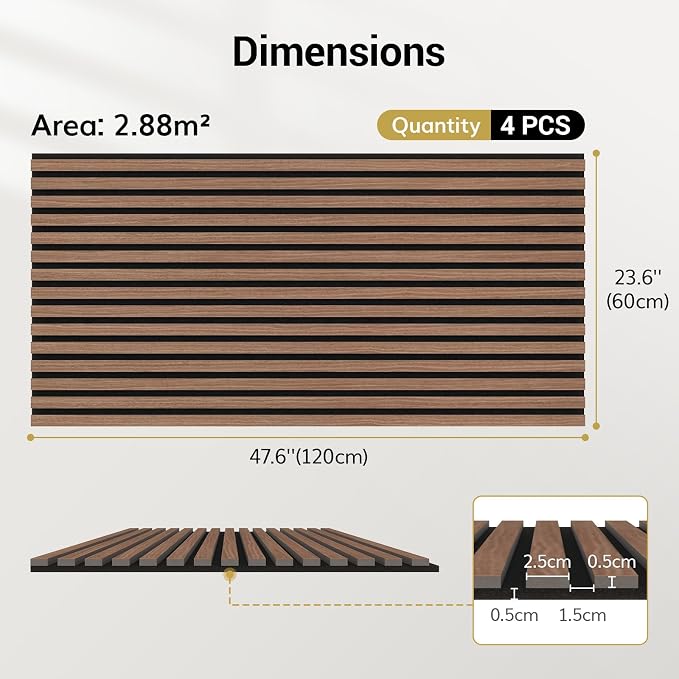 TONOR Wood Slatwall Panels, 4 Pack 47.2" x 23.6"/ 120 x60cm(31ft²) Acoustic Wall Panels, Wood Slat Acoustic Panels for Noise Cancelling and Home Decor, Living Room, Bedroom, Office, Room Decor, Walnut