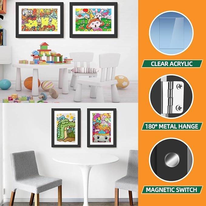 2 Pack Kids Art Frames 9 x12 Inch Kids Artwork Flip Frame Changeable for Picture Display, Children School Drawing Projects Storage, Horizontally Vertically Wall Hanging, Front Opening, Black