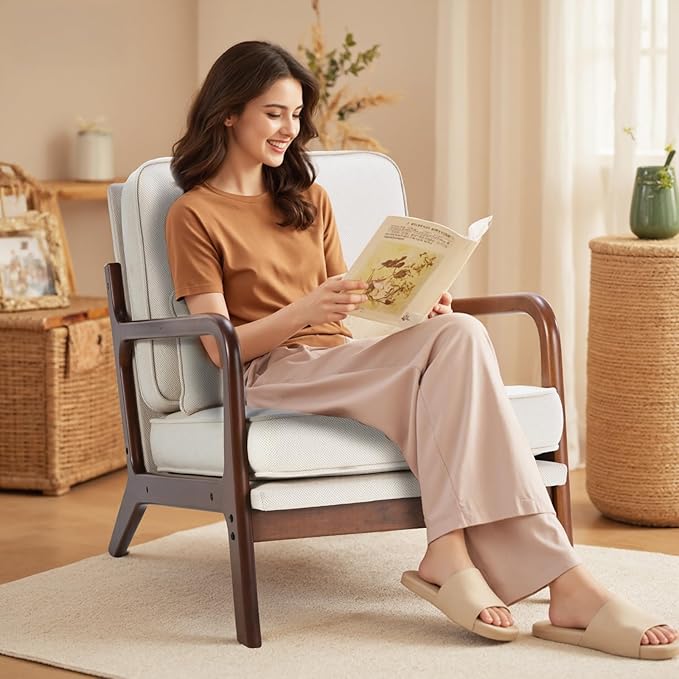 DUMOS Mid Century Modern Accent Chair, Upholstered Armchair with Lumbar Pillow and Solid Wood Frame, Low Side Sitting Chair for Small Living Room, Bedroom, Balcony, Home Corner, Beige