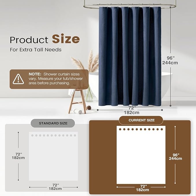BTTN 3 in 1 Shower Curtain with Liner - 96 Inch Extra Long Linen Textured Fabric Shower Curtain Set with Plastic Hook, Tall Modern Heavy Duty Waterproof Shower Curtain for Bathroom, Navy Blue, 72x96