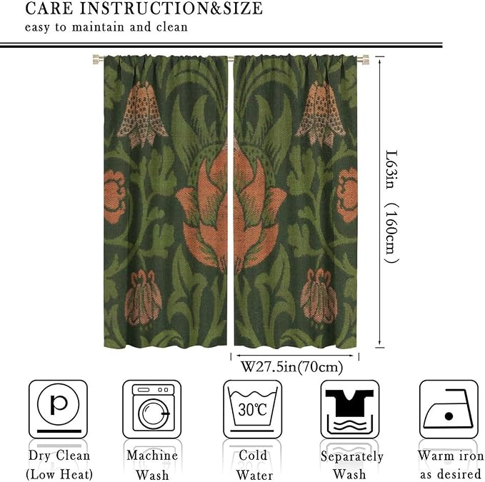 Vintage Bohemia William Morri Plant Flowers Blackout Window Curtains, Abstract Art Retro Plants Pattern Print Window Drapes, for Bedroom Living Room 27.5(W)*63(L) 2 Panels