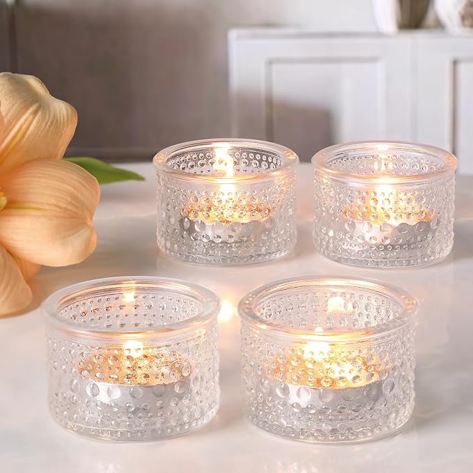 NITIME 4PCS Votive Candle Holders, Clear Tealight Candle Holder Glass for Table Centerpiece, Polka Dot Glass Candle Holder for Wedding, Home and Party Decor