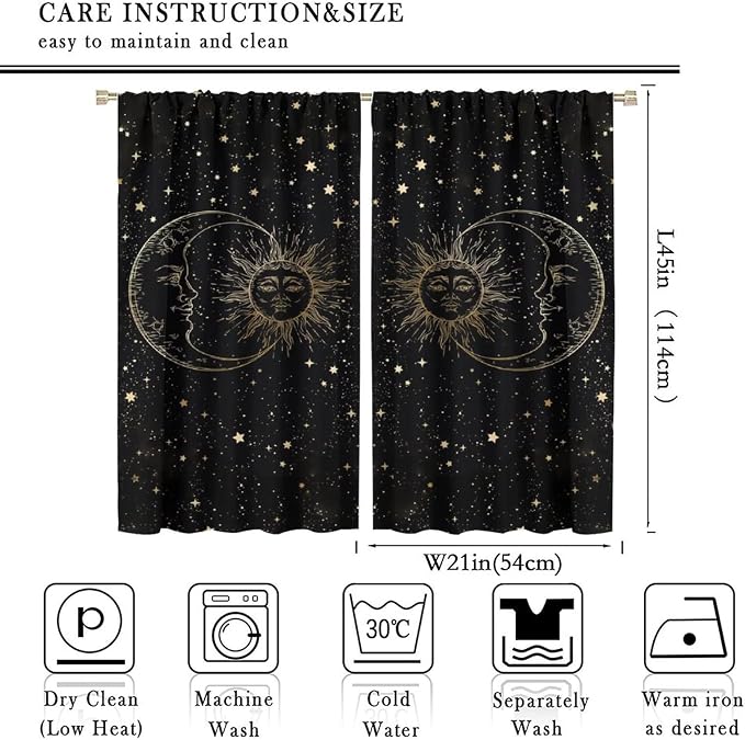 Sun Moon Blackout Windows Curtains, Golden Sun Moon and Stars Black Sky on Bohemian Style Curtains, for Living Room Bedroom 42x45in 2 Panels