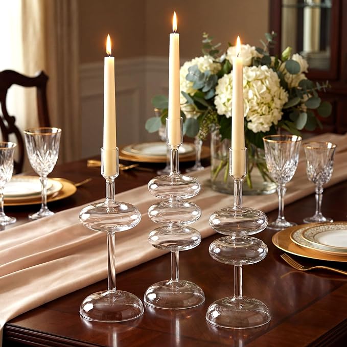 LemonRoad Glass Taper Candle Holders Set of 3, Bubble Candlestick Holders for Table Centerpiece, Elegant Wavy Stacked Geometric Candleholders for Wedding, Dinner, Party, Home Decor(Clear)