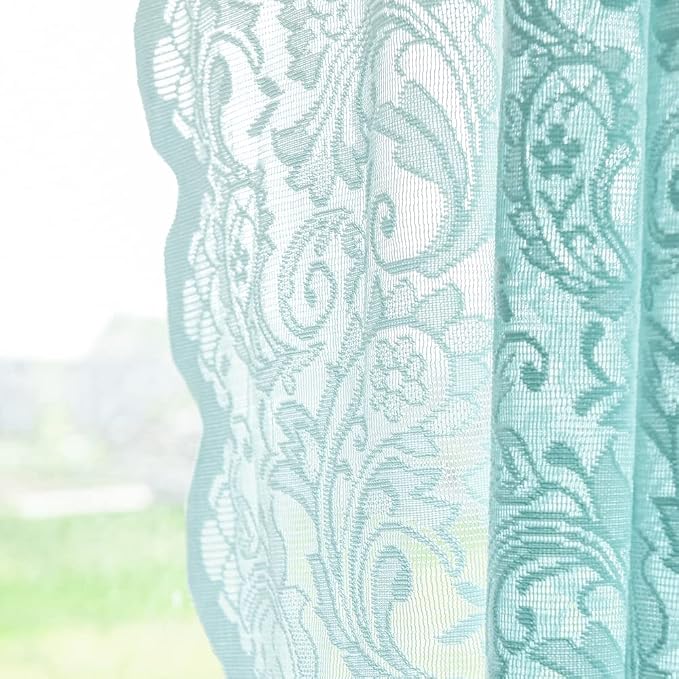 ALIGOGO Green Beach Curtains 72 Inch Length - Bright Rustic Lace Floral Costal Curtains for Bedroom, Rod Pocket Saclloped Edges Privacy Teal Sheer Summer Window Treatments 2 Panles, Mint Green