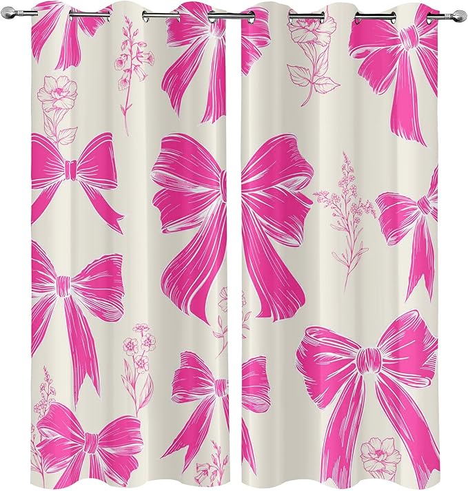 LUVIVIHOME Pink Floral Bow Curtains, Cute Blackout Curtains, Girls Bedroom Decor, Aesthetic Girly Curtains, 2 Panel Sets, 42x63 Inch
