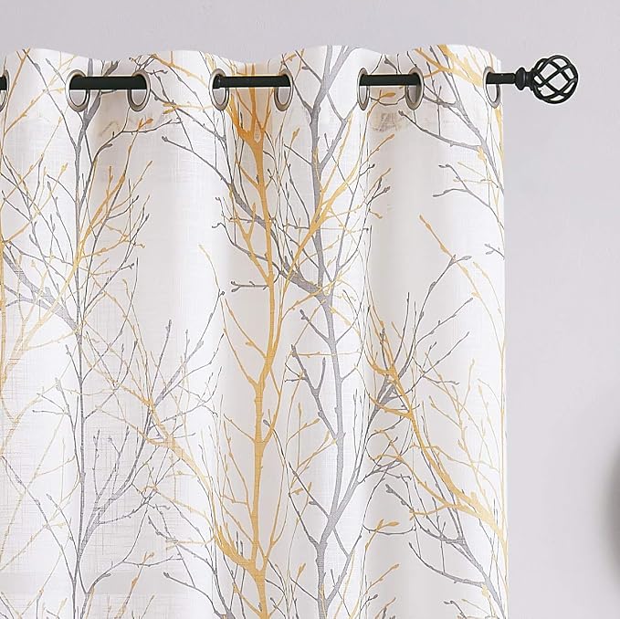 FMFUNCTEX Linen Semi Sheer Curtains for Bedroom, Yellow White Curtains 45 Inches Long for Living Room, Grey Tree Branch Print Curtain Light Filtering Kitchen Window Drapes, Grommet Top 2 Panels
