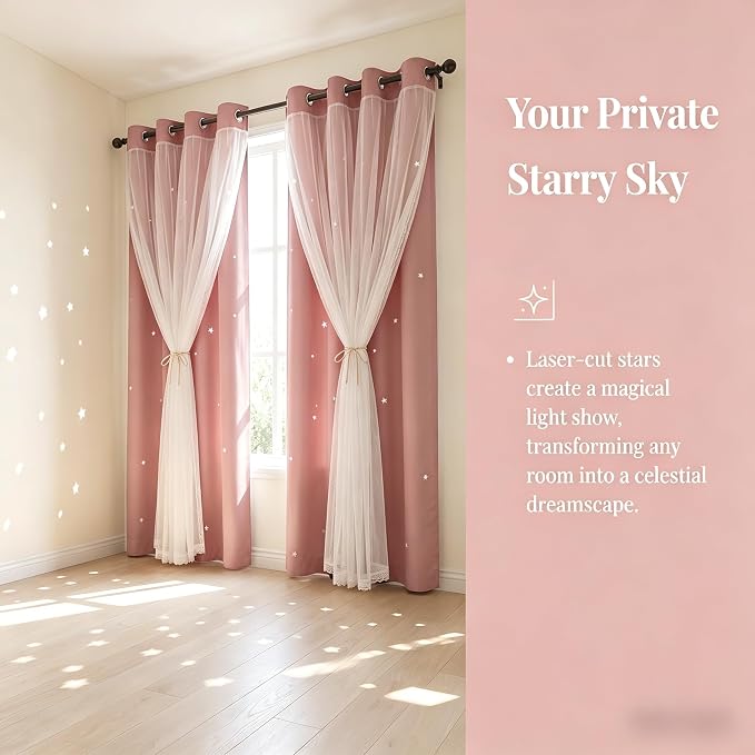 Princess Curtains for Girls Bedroom with Sheer Overlay,Double Layer Curtain for Living Room with Star Cutout, Curtains for Kids Room (52 W*108 L Inches,2 Pcs Pink)
