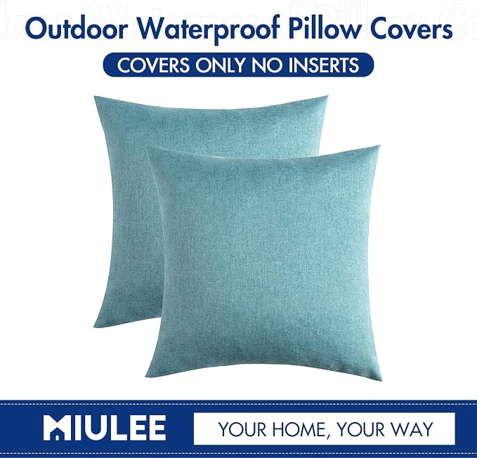 MIULEE Pack of 2 Decorative Outdoor Solid Waterproof Throw Pillow Covers Faux Linen Garden Farmhouse Coastal Cushion Cases for Summer Patio Tent Balcony Couch Sofa 12x12 Inch Turquoise
