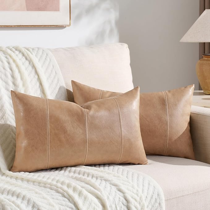 Fancy Homi Tan Long Lumbar Waterproof Faux Leather Decorative Throw Pillow Covers 14x24 Inch for Living Room Couch Bed, Beige Hand Stitched Cushion Case 35x60 cm, Taupe Modern Farmhouse Home Decor