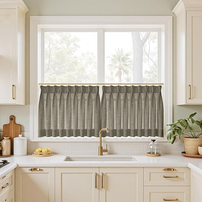 TWOPAGES 26" W x 18" L Linen Blend Cafe Curtains for Kitchen Window, Light Filtering Pinch Pleated Tier Curtains, Modern Farmhouse Half Window Curtains for Small Window, Sepia Ebony, 2 Panels