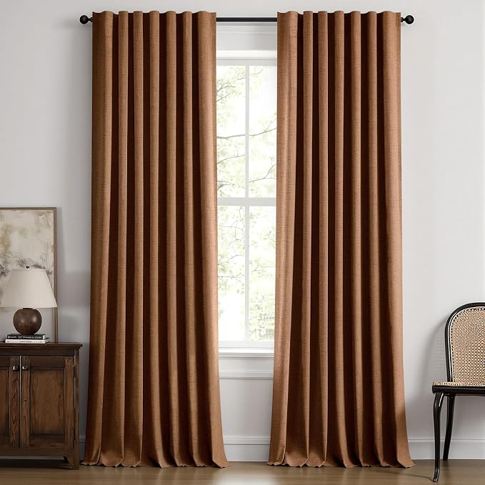 MIULEE 100% Blackout Linen Curtains for Bedroom, Brown Solid Luxury Decor Thermal Insulation Room Darkening Drapes for Living Room Back Tab Rod Pocket 42 x 96 Inches, 2 Panels