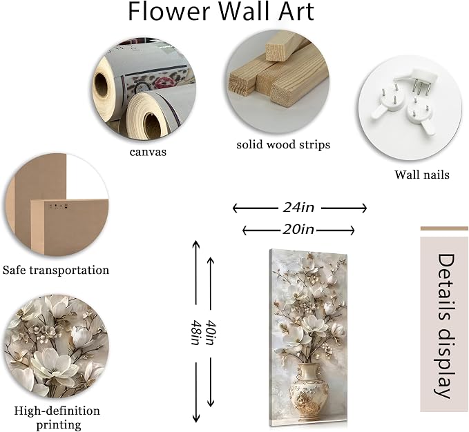 Large White Floral Canvas Wall Art Gold Vase Flower Painting Picture Wall Decor Flowers Botanical Poster Print Artwork for Living Room Bedroom Hallway Office