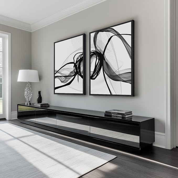 Large Framed Black and White Abstract Wall Art for Living Room, Set of 2 Modern Canvas Prints Paintings Artwork for Walls, Minimalist Lines Pictures for Dining Room Bedroom Office Wall Decor 24x36 In