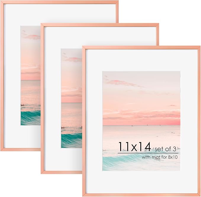 FLYJOE 11x14 Picture Frame -11x14 Metal Picture Frame With Mat For 8x10 | 14x11 Frame Aluminum | Plexiglass And Hanging Hardware Included | 11 by 14 Poster Frame, Set of 3, Rose Gold