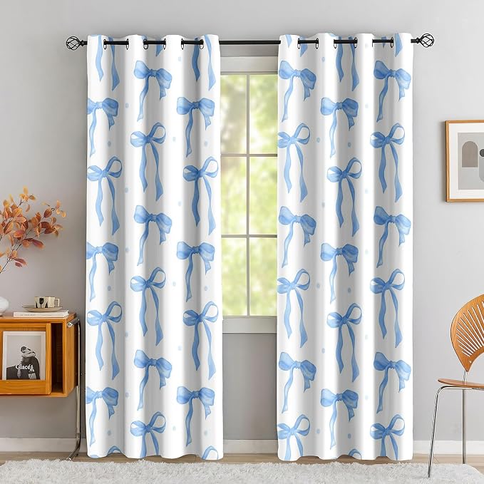 LUVIVIHOME Blue Bow Curtains, Cute Blackout Curtains for Girls Bedroom, Kids Room Decor, Aesthetic Girly Curtains, 2 Panel Sets, 52x84 Inch