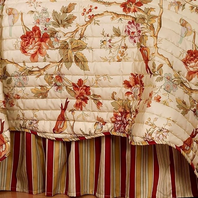Waverly Charleston Chirp 3 Piece Quilt Set - 100% Cotton Light Weight Bedding with Bed Skirt & Pillow Shams - Twin Papaya