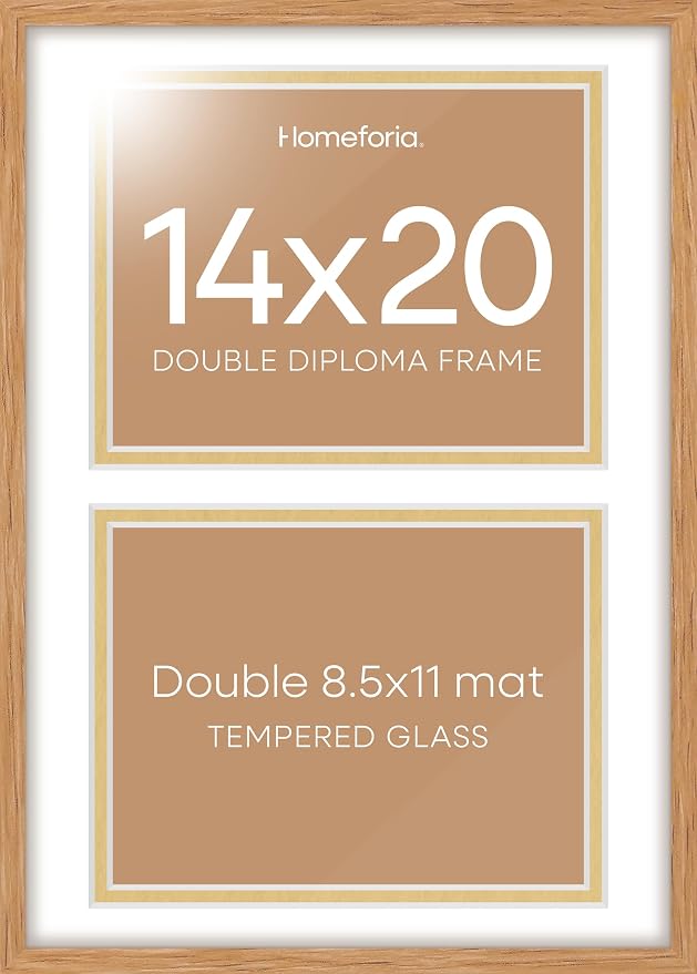 Homeforia 14x20 Double Diploma Frame Wood, High End Natural Oak 14 x 20 Wooden Certificate Frame with Dual Mat for 8.5 by 11 Diplomas, 20x14 Award Graduation Frames, Tempered Glass, Wall Kit, Set of 1