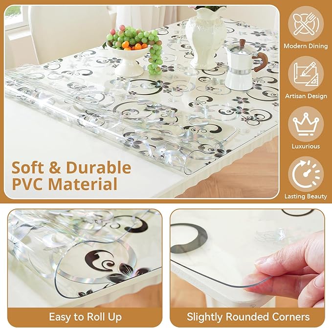 LovePads Floral Clear Table Cover Protector - 42 x 96 Inch Thick Plastic Table Cloth, Waterproof PVC Desk Mat for Dining Room Table, Wood Furniture Topper, Anti-Scratch Desk Pad for Kids Writing,