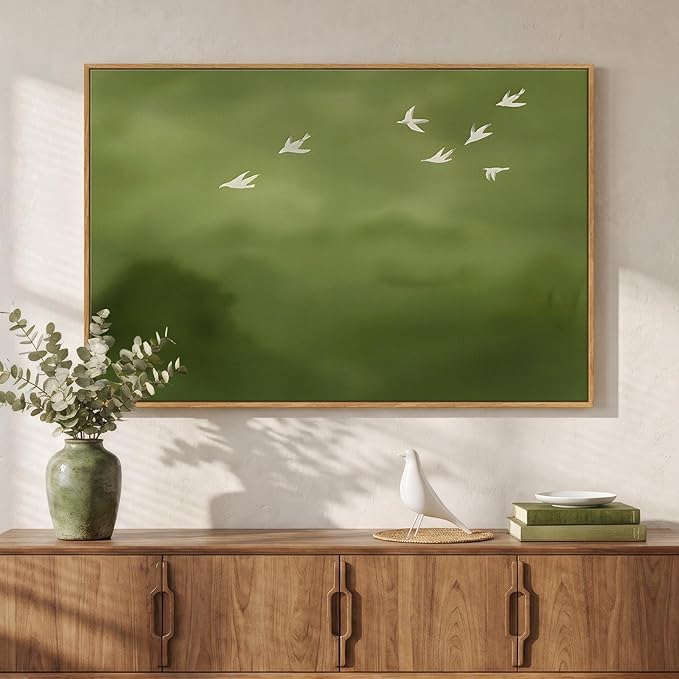 Framed Green Abstract Wall Art, Modern Minimalist Sage Green Canvas Prints Paintings for Walls, Rustic White Birds Pictures for Living Room Bedroom Dining Room Office Hallway Wall Decor, 24x36 In