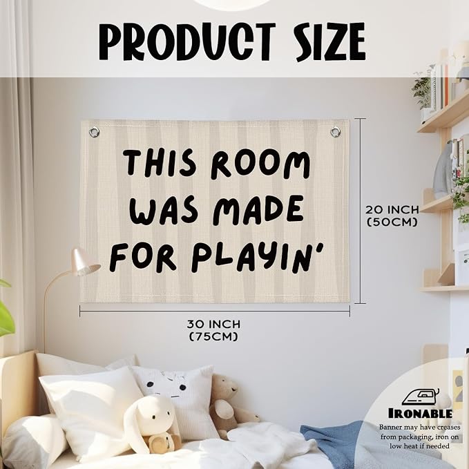Playroom Decor Wall Banner "This Room Was Made For Playin'" 20x30 Inch - Nursery Canvas Art, Kids Bedroom Hanging, Linen Toddler Play Area Sign, Children's Canvas Flag Decor - Beige