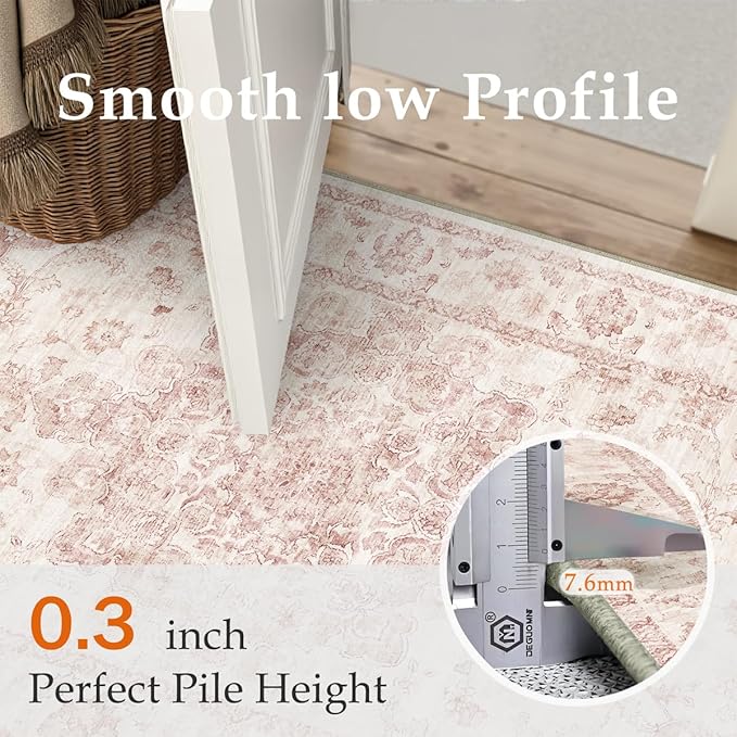 6x9 Washable Neutral Area Rug Pink Vintage Living Room Bedroom Carpet Non-Slip Soft Low Pile Farmhouse Indoor Throw Rug for Dining Room Entryway Office
