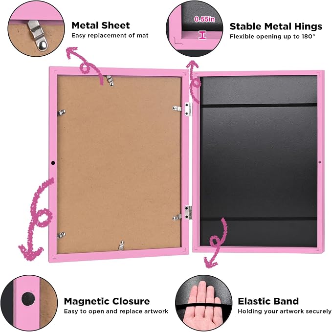 KINLINK 9x12 Kids Art Frame 2 Pack, Solid Wood Artwork Frames Changeable, Front Opening Hold 150 Pictures, Art Frames for Kids Artwork, 8.5x11 with Mat 9x12 without Mat, Picture Frames Light Pink