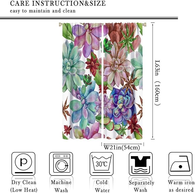 Succulents Tropical Plant Curtain Floral Boho Watercolor Summer Desert Botanical Vintage Garden for Home Kitchen Restaurant Decoration Drapes 2 Panels 42x63in, Style-1